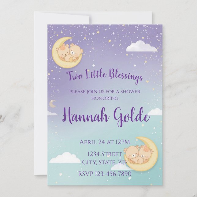 Twin Baby Shower Invitation Sleeping Animals Moon (Front)