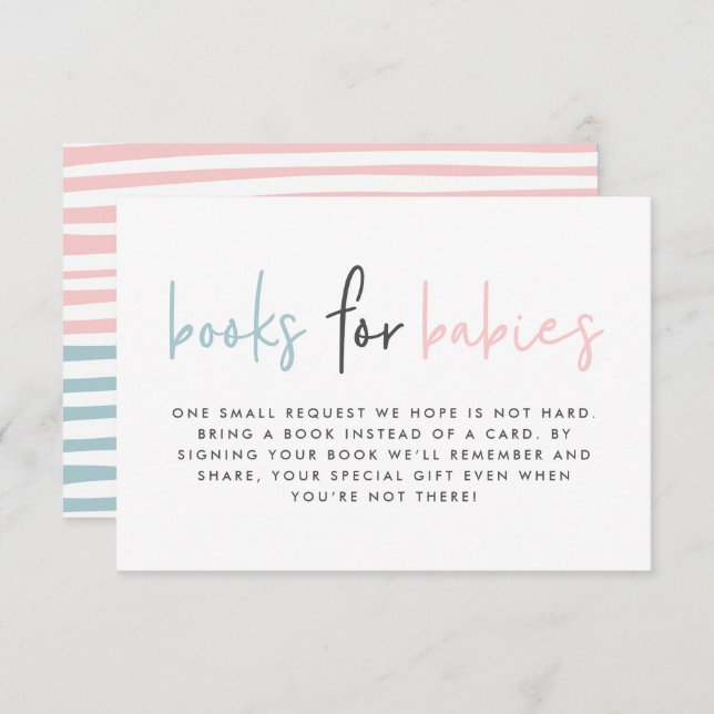 Twin baby shower pink blue modern books for babies enclosure card (Front/Back)