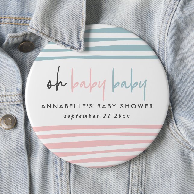 Twin baby shower pink blue modern typography party 6 cm round badge (In Situ)