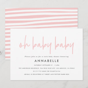 Twin baby shower pink girly modern typography invitation