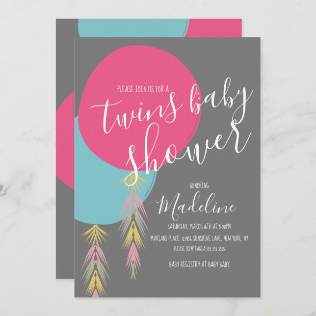 Twin Baby Shower Tassel Boho Balloon  Invitation (Front/Back)