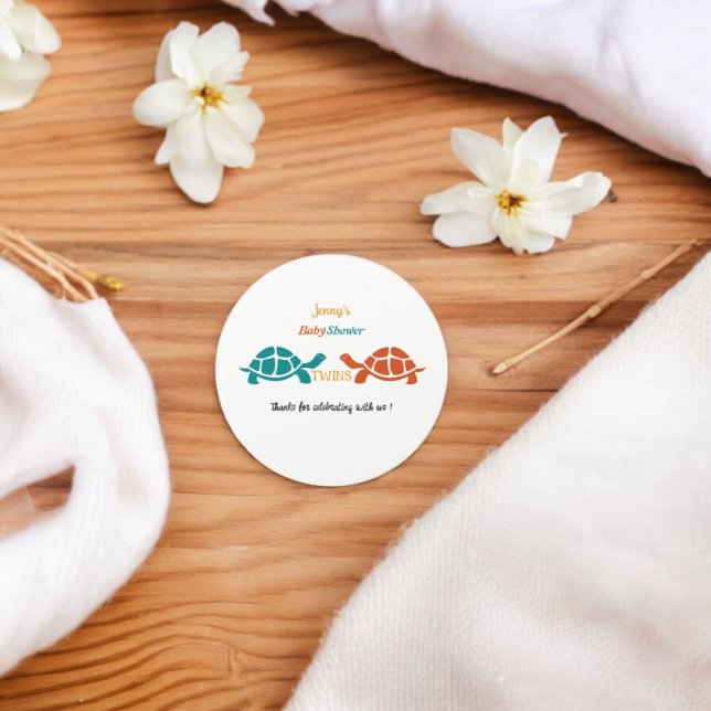 Twin Baby Shower Tortoise Classic Round Sticker (Twin Babies Shower party theme sticker,birthday party sticker,gift pack,envelope,return gift sticker)