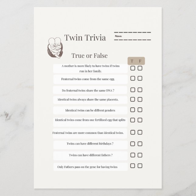 : Twin Baby Shower Trivia Game – With Answer Sheet (Front)