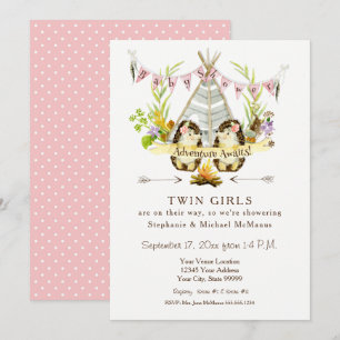 Twin Baby Shower Woodland Animal Teepee Hedgehog Invitation