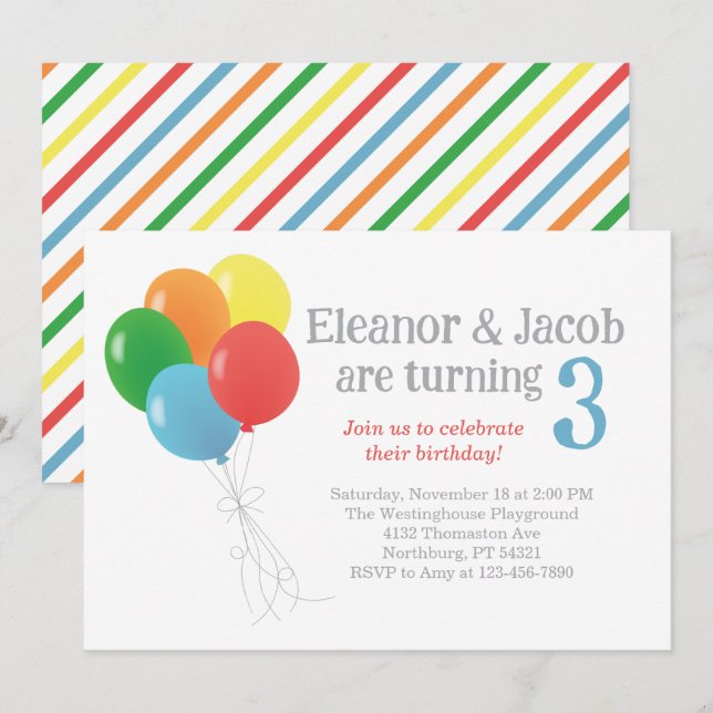 Twin Balloon Birthday Invitation for Classic Party (Front/Back)