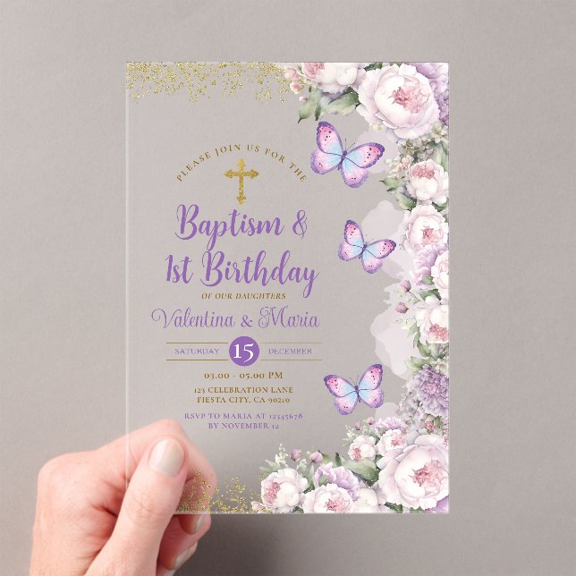 Twin Baptism & 1st Birthday Purple Floral Cross Acrylic Invitations (Insitu (Handheld))