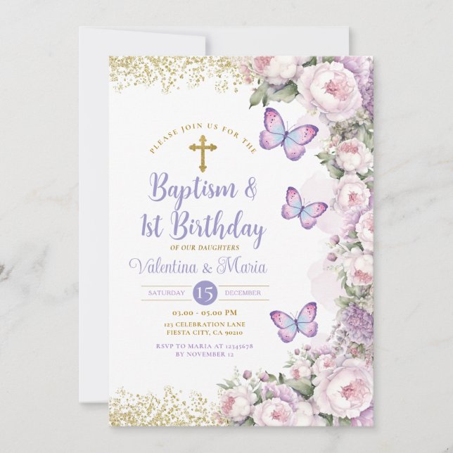 Twin Baptism & 1st Birthday Purple Floral Cross Invitation (Front)