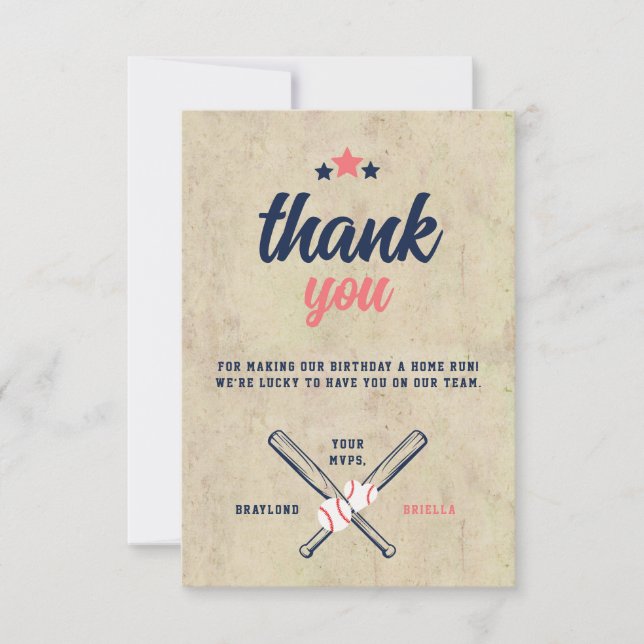 Twin Baseball Birthday Boy Girl Thank You Card (Front)