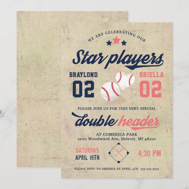 Twin Baseball Birthday Invitation Boy Girl (Front/Back)