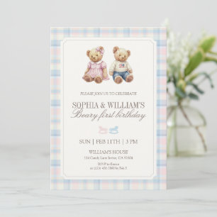 Twin Beary First Birthday Teddy Bear Plaid Invitation