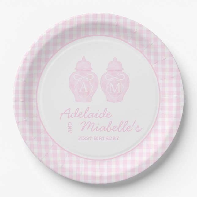 Twin Birthday Ginger Jars Coquette Pink Gingham  Paper Plate (Front)