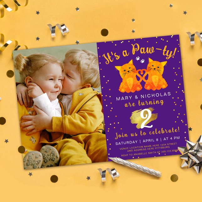 Twin Birthday Or Joint Party Kittens Purple Photo  Invitation (Creator Uploaded)