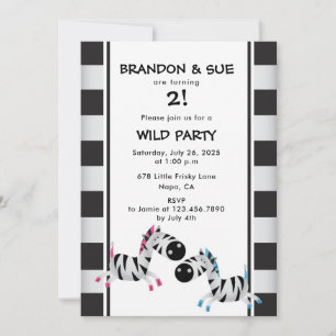 Twin Birthday Party Pink and Blue Zebras Invitation
