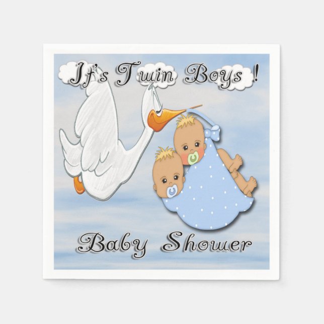 Twin Blonde Boys - Stork Baby Shower Paper Napkins (Front)