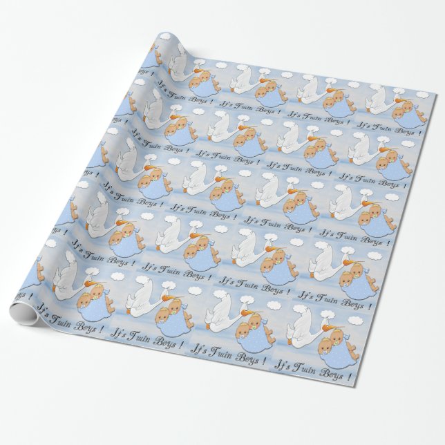 Twin Blonde Boys - Stork Baby Shower Wrapping Pape Paper (Unrolled)