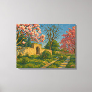 Twin Blossoms – Tranquil Garden Path Painting Canvas Print