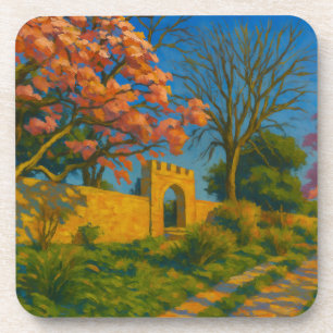 Twin Blossoms – Tranquil Garden Path Painting Coaster