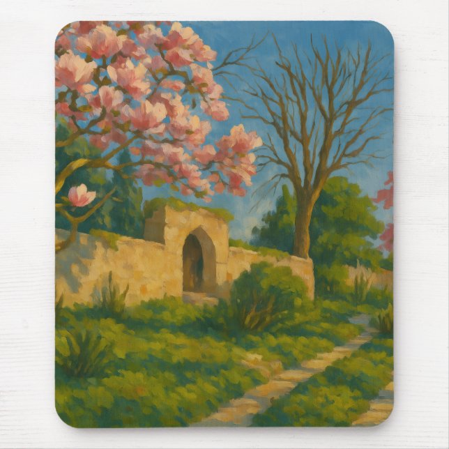 Twin Blossoms – Tranquil Garden Path Painting Mouse Mat (Front)