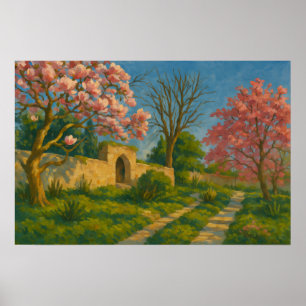 Twin Blossoms – Tranquil Garden Path Painting Poster
