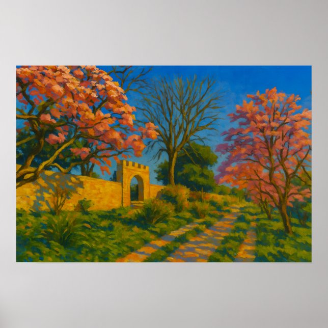 Twin Blossoms – Tranquil Garden Path Painting Poster (Front)