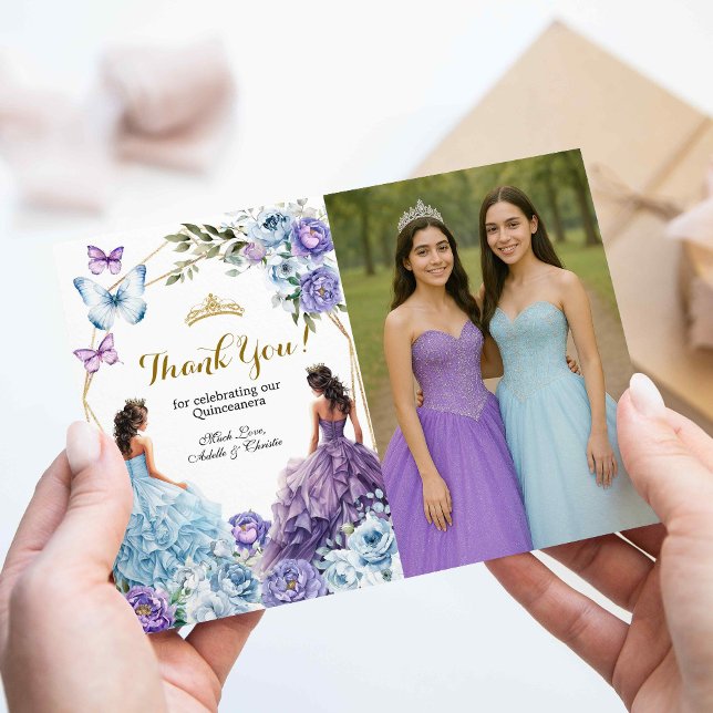Twin Blue and Purple Rose Princesses Quinceañera Enclosure Card (Creator Uploaded)