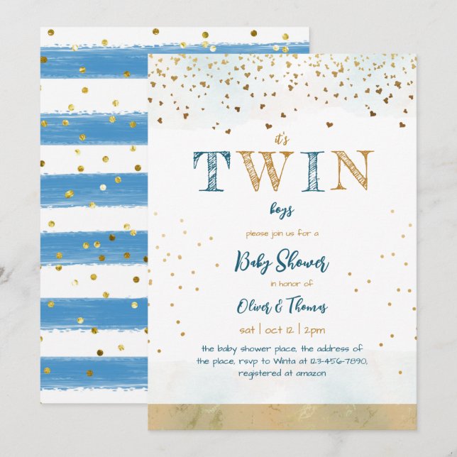 Twin Blue Gold Glitter Simple Baby Boy Shower Invitation (Front/Back)