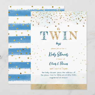 Twin Blue Gold Glitter Simple Baby Boy Shower Invitation