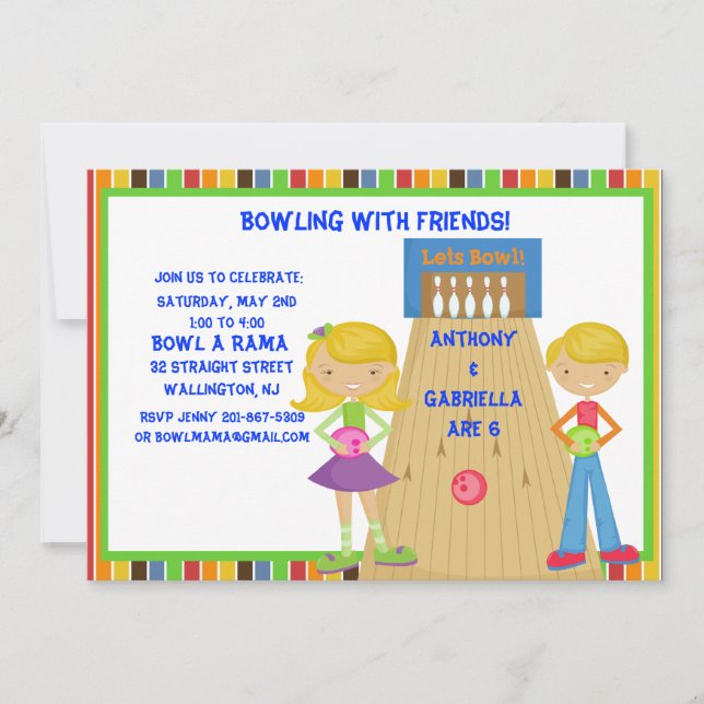 Twin  Bowling Birthday Party Invitation (Front)