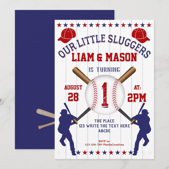 Twin, Boy 1st Birthday, Little Slugger, Baseball Invitation (Front/Back)