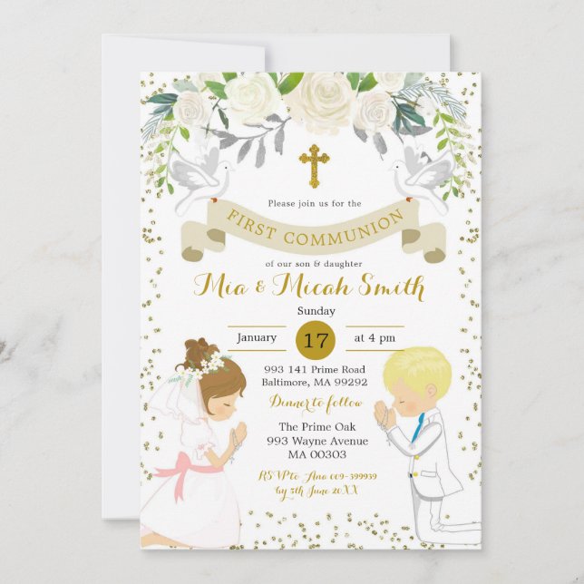 Twin Boy and Blonde Girl Kneeling First Communion Invitation (Front)