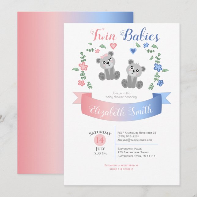 Twin boy and girl Cute bear babyshower Invitation (Front/Back)