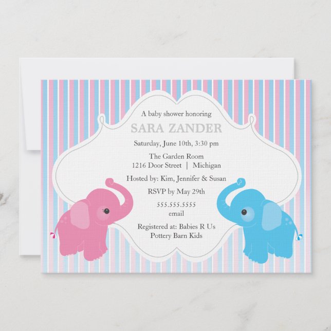 Twin Boy and Girl Elephant  Baby Shower Invitation (Front)