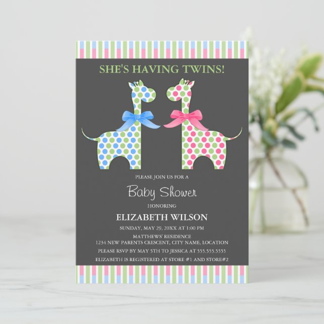 Twin Boy and Girl Giraffe Baby Shower Invitation (Standing Front)