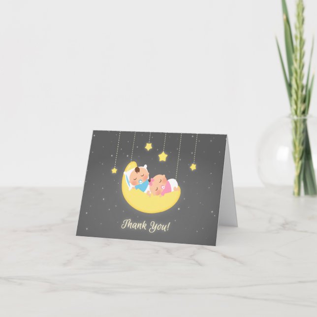 Twin Boy and Girl on Moon Baby Thank You Card (Front)