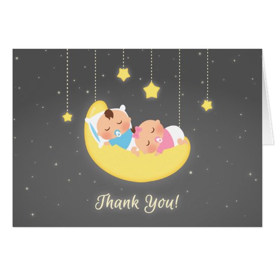 Twin Boy and Girl on Moon Baby Thank You Card