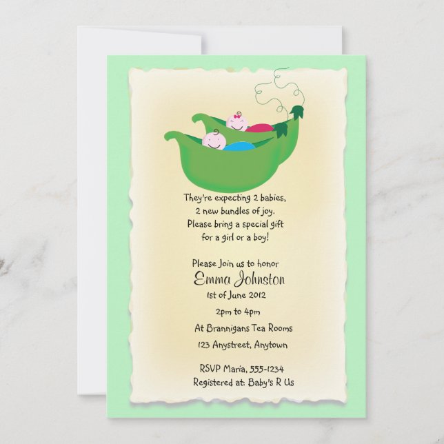 Twin boy and Girl Peas in a Pod baby shower invite (Front)