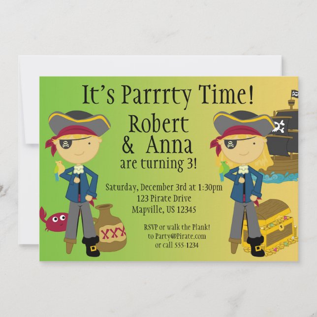 Twin Boy and Girl Pirate Birthday Party Invitation (Front)