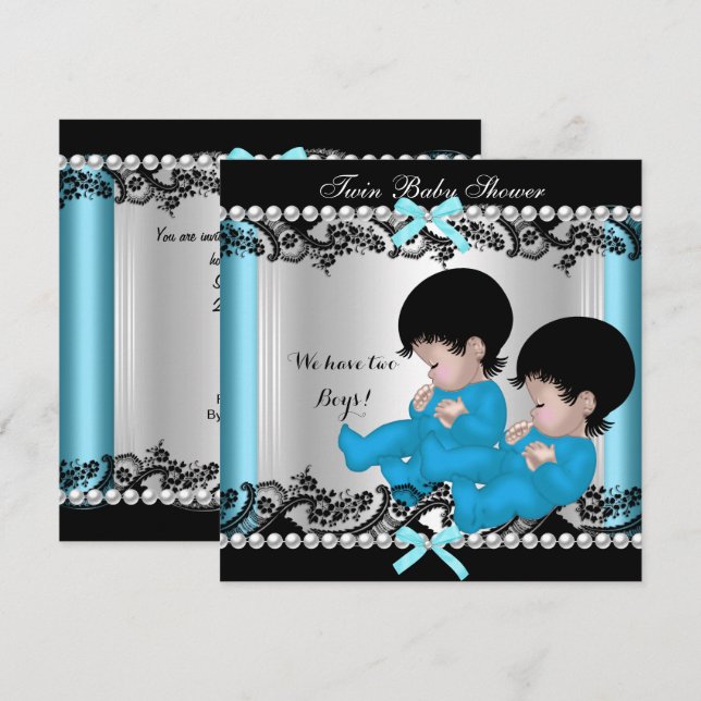 Twin Boy Baby Shower Blue Cute Baby Boys Invitation (Front/Back)