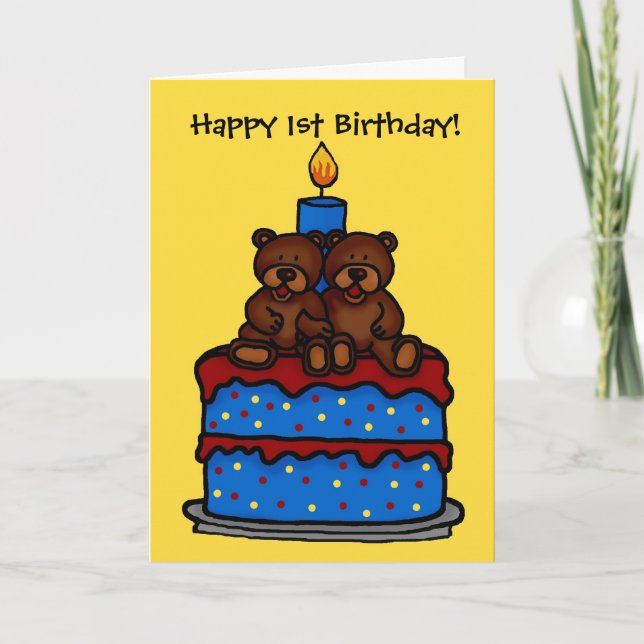 twin boy bears on cake 1st birthday card (Front)