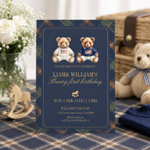 Twin Boy Beary First Birthday Teddy Bear Invitation