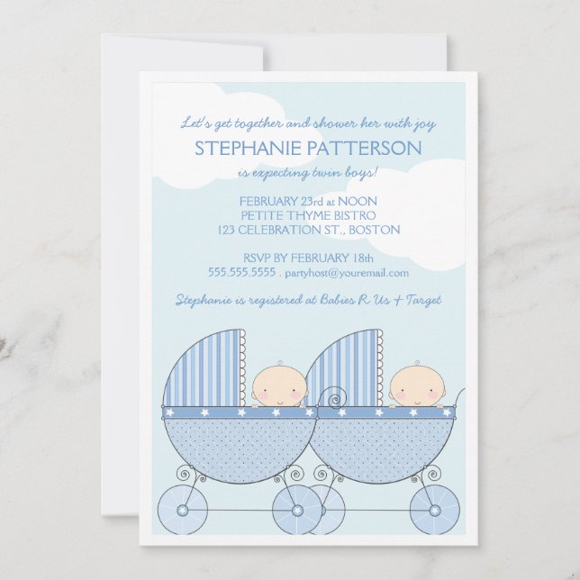 Twin Boy Blue Carriage Happy Baby Shower Invitation (Front)