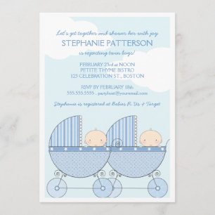 Twin Boy Blue Carriage Happy Baby Shower Invitation