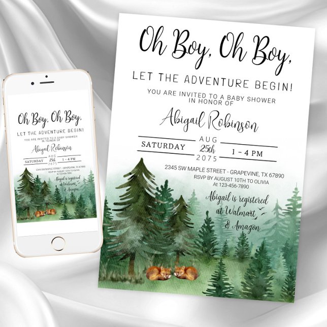 Twin Boy Fox Woodland Oh Boy Baby Shower Invitation (Boy twin fox woodland baby shower invitation. Instant download and printed invitations available.)