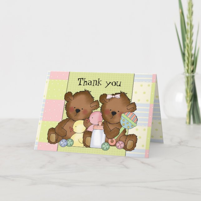 Twin Boy Girl baby bear thank you greeting card (Front)