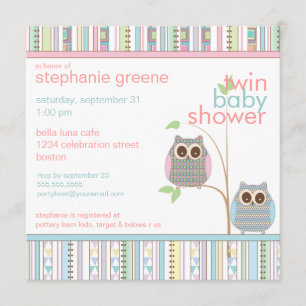 Twin Boy & Girl Baby Owl PInk & Blue Baby Shower Invitation