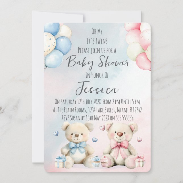 Twin Boy & Girl Bear Baby Shower Invitation (Front)