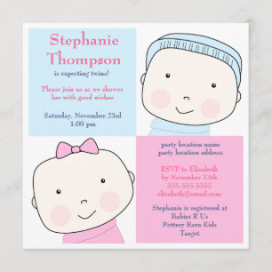 Twin Boy Girl Blue Pink Baby Shower Invitation