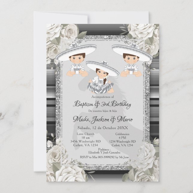 Twin Boy Girl Brown & White Baptism & 3rd Birthday Invitation (Front)