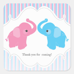 Twin Boy & Girl Elephant Baby Shower Favour Sticke Square Sticker