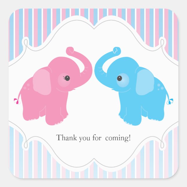 Twin Boy & Girl Elephant Baby Shower Favour Sticke Square Sticker (Front)